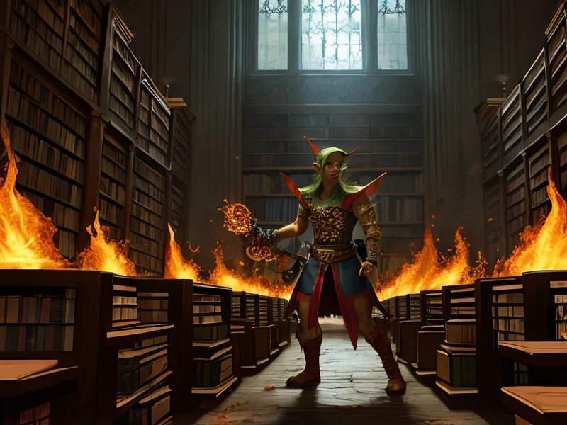 Gold-veined (Elf:1.35), Monk, Inside a library with endless shelves of arcane tomes, three-quarter view