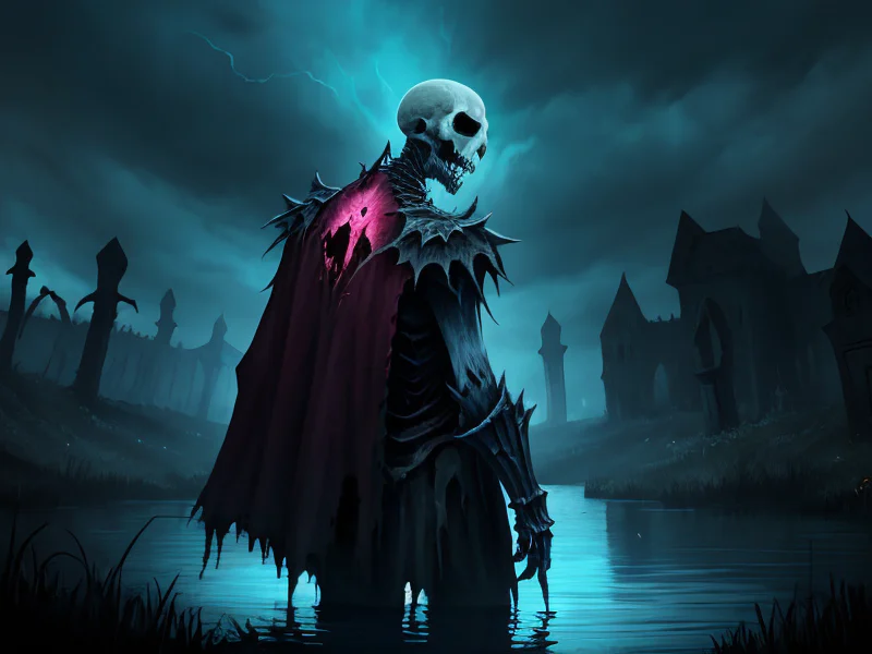 Thunder-marked (Undead:1.35), Necromancer, At the edge of an enchanted lake, gazing at their magical reflection, three-quarter view