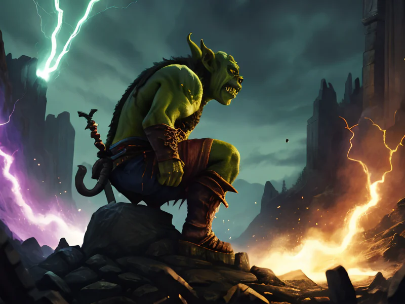 Arrogant (Orc:1.35), Spellbreaker, At the base of a towering statue, lost in thought, three-quarter view