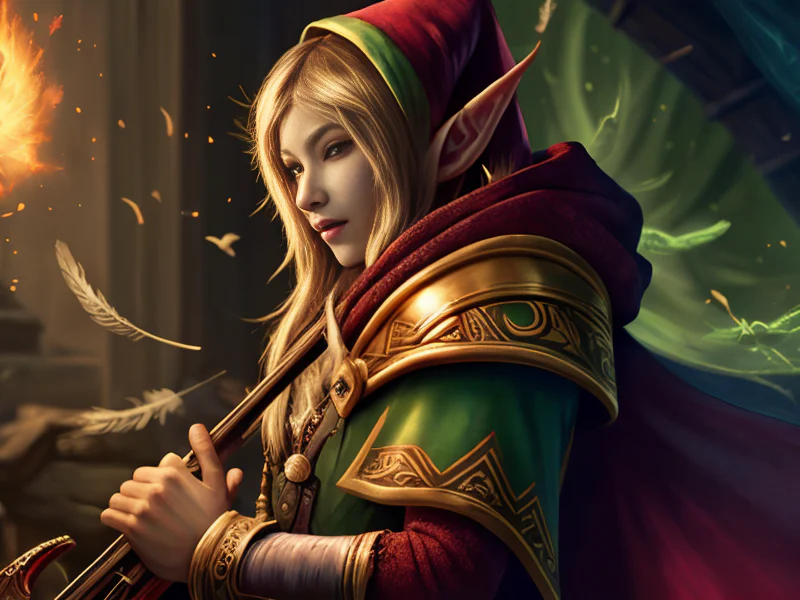 Bloodstained (Elf:1.35), Bard, Cloak made of feathers from mythical birds, medium close-up