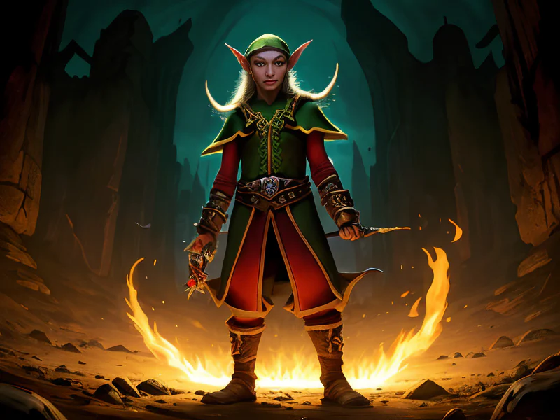 Eccentric (Elf:1.35), Oracle, A ring of flame rotating behind the shoulders, full-body shot