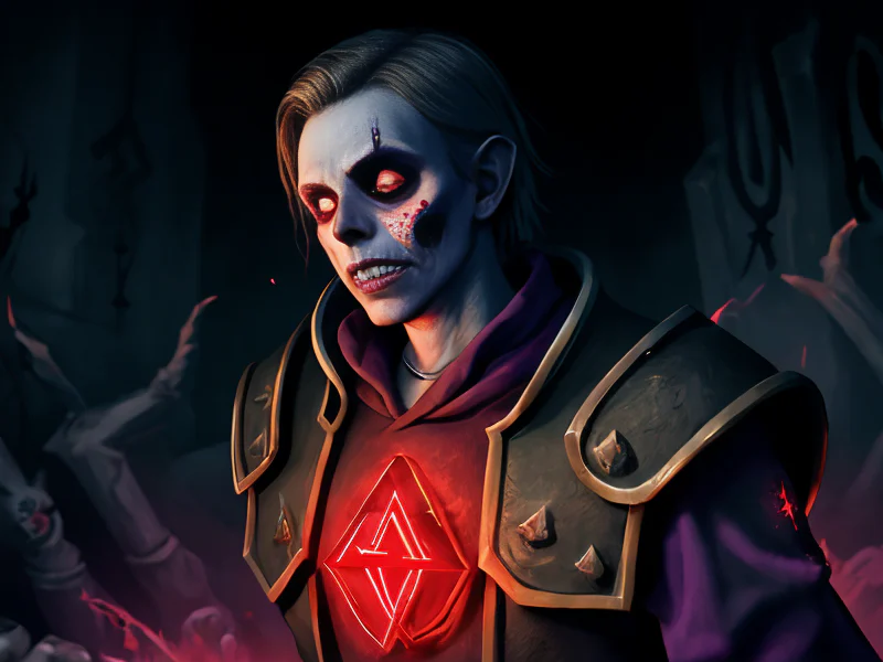 Inquisitive (Undead:1.35), Shadow Priest, Blood-red runes glowing across the chest, three-quarter view