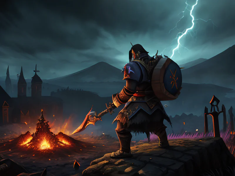 Thunder-marked (Undead:1.35), Harbinger, Defending fortress on volcano rim, three-quarter view
