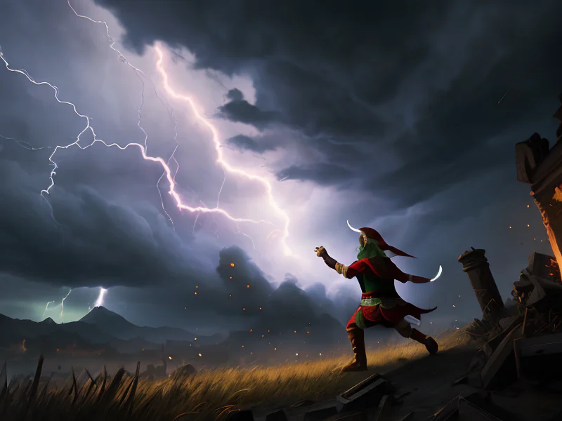 Nimble (Elf:1.35), Starcaller, A crown of storm clouds flashing with distant lightning, dynamic angle