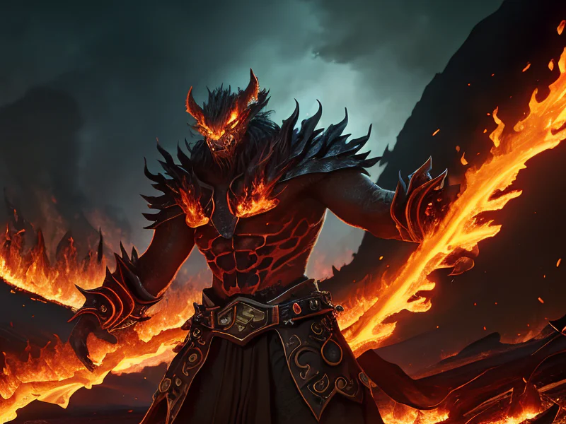 Arrogant (Fire Elemental:1.35), living blaze body, molten cracks, ember core, smoke wisps, Atop a gargantuan chain bridge, swaying over lava, waist-up shot