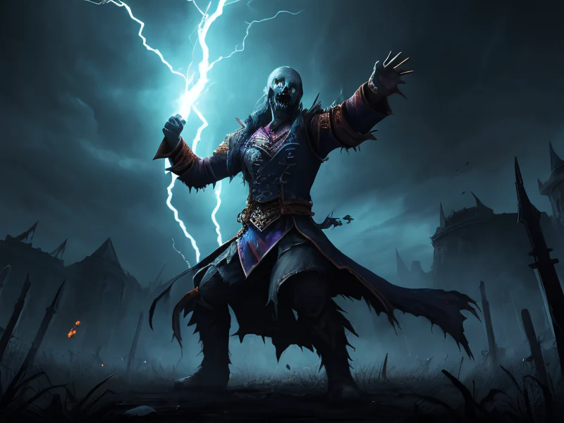 Star-touched (Undead:1.35), Voidwalker, Conducting storm ritual mid-tempest, three-quarter view
