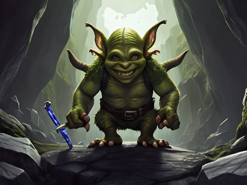 Mischievous (Goblin:1.35), Ranger, In a valley filled with giant ringing crystals, three-quarter view
