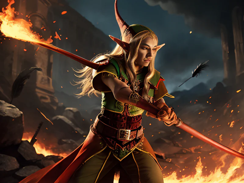 Vengeful (Elf:1.35), Enchanter, A longbow decorated with feathers made of flame, dynamic angle