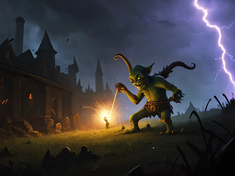 Nightbound (Goblin:1.35), Bounty Hunter, On a battlefield scarred by lightning strikes, dynamic angle