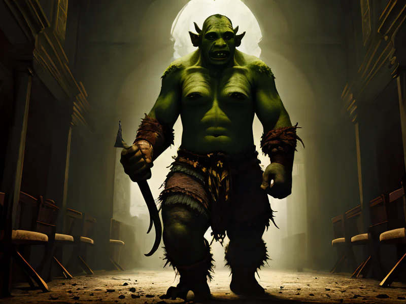 Unpredictable (Orc:1.35), Myrmidon, In a hall where every torch burns a different color, full-body shot