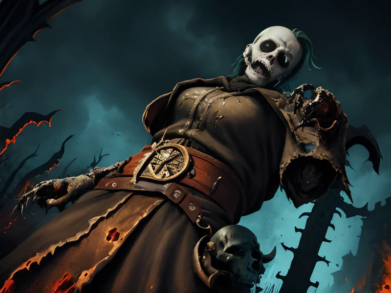 Vindictive (Undead:1.35), Blightbringer, A cracked hourglass hanging from the belt, low angle shot