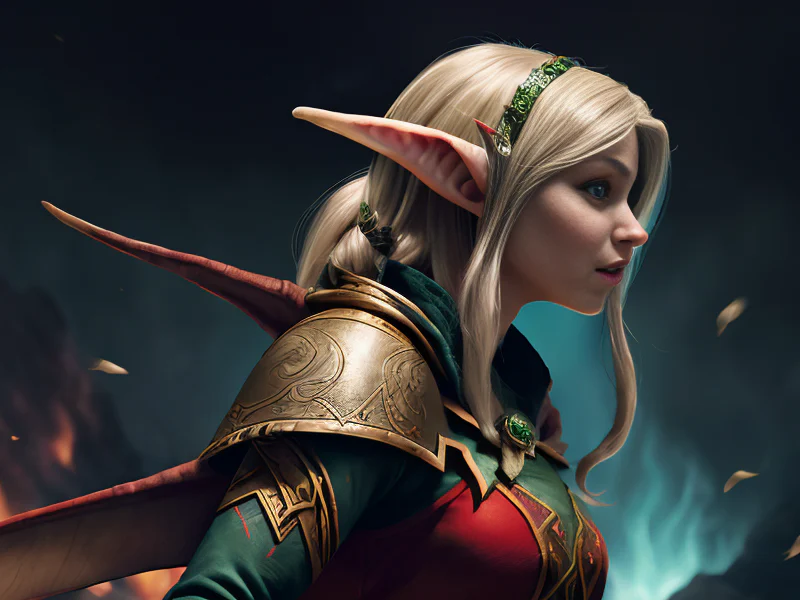 Flameforged (Elf:1.35), Ranger, Metallic enchanted arm, three-quarter view