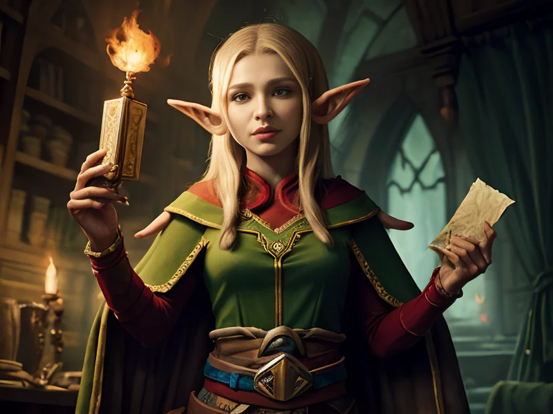 Unforgiving (Elf:1.35), Duelist, A mantle of layered parchment covered in spells, waist-up shot