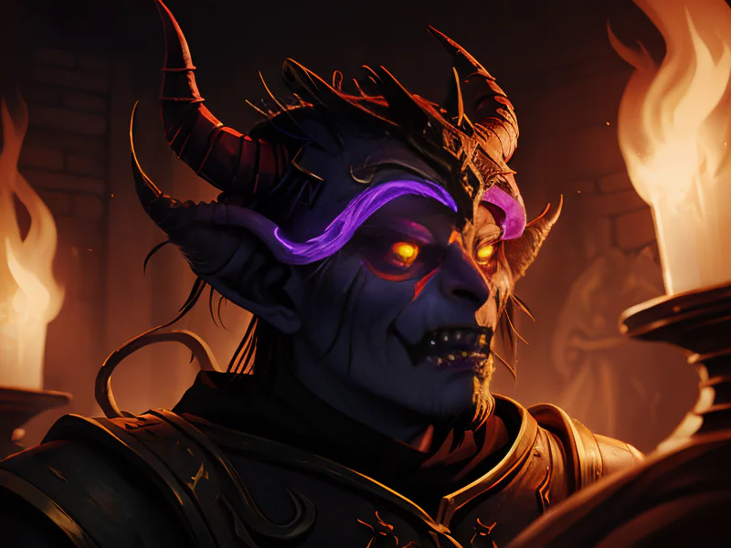 Lightforged (Demon:1.35), Occultist, Wears a blindfold but sees everything, three-quarter view