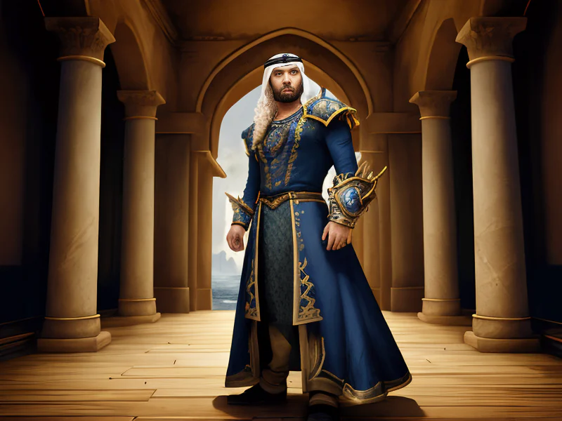 Stormborn Human male, Middle Eastern, Alchemist, Inside a palace whose walls are made of moving water, full-body shot