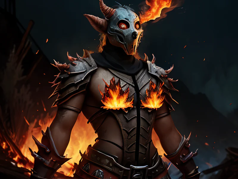Stealthy (Fire Elemental:1.35), living blaze body, molten cracks, ember core, smoke wisps, A plague mask cracked and rusted, waist-up shot