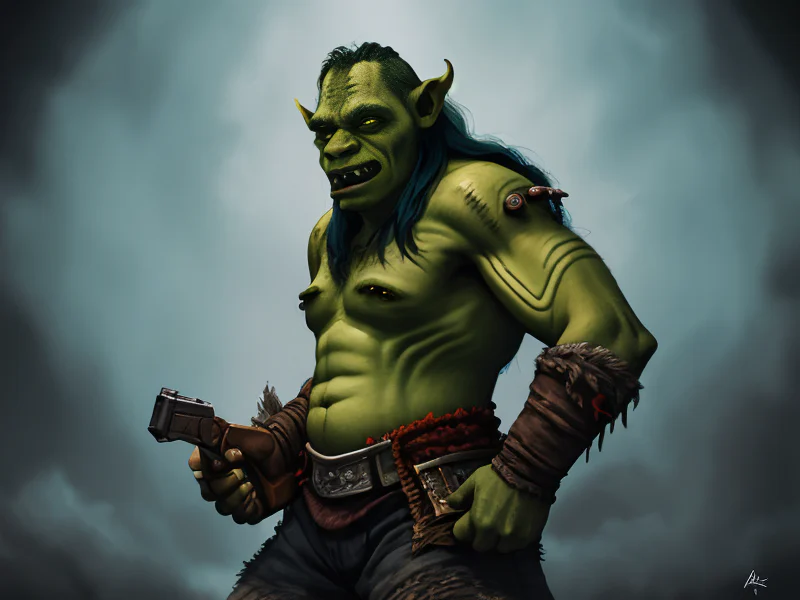 Agile (Orc:1.35), Bounty Hunter, Pistol drawn, ready to shoot, three-quarter view