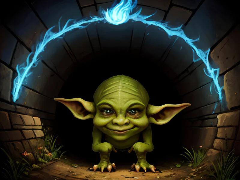 Dawnlit (Goblin:1.35), Pirate, At the mouth of a tunnel lined with blue fire, three-quarter view