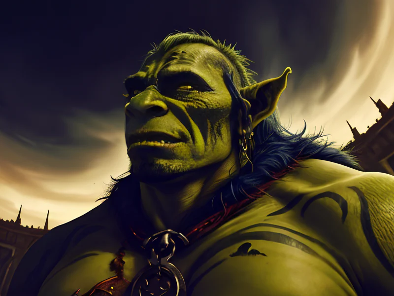 Stealthy (Orc:1.35), Assassin, Tattoo of a wolf on their back that howls during battle, low angle shot