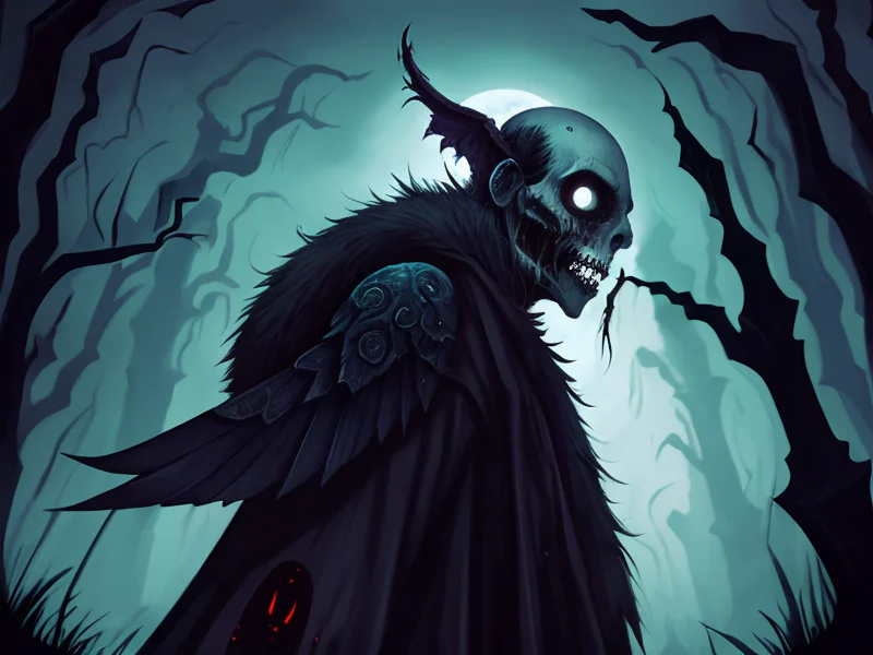 Gloomy (Undead:1.35), Occultist, A pair of small wings folded behind the ears, low angle shot
