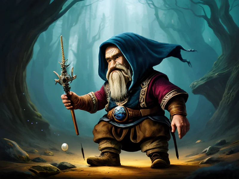 Mist-shrouded (Dwarf:1.35), Gunslinger, A wand carved from coral and tipped with a pearl, dynamic angle