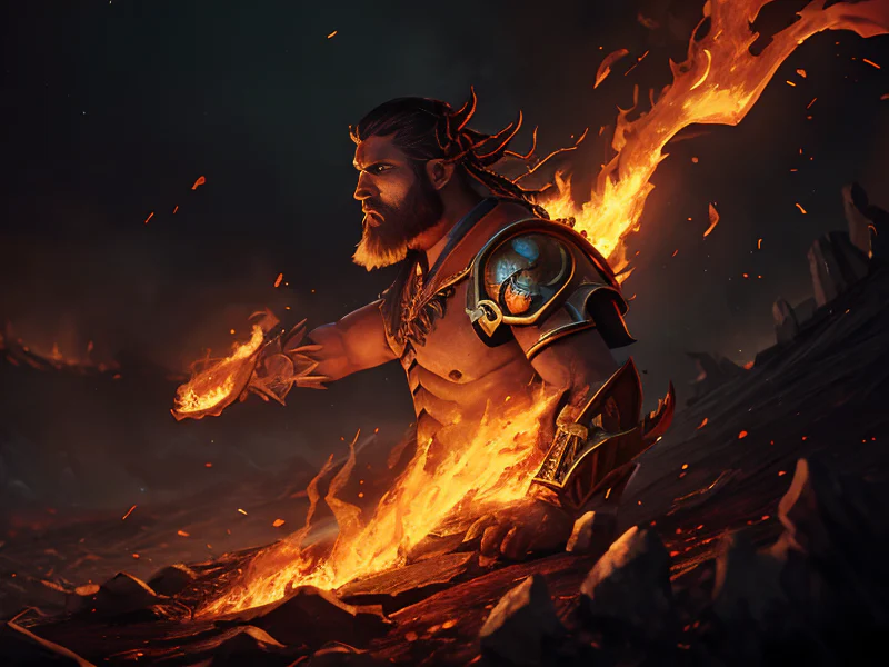 Swift (Fire Elemental:1.35), living blaze body, molten cracks, ember core, smoke wisps, Beard braided with gemstones, three-quarter view