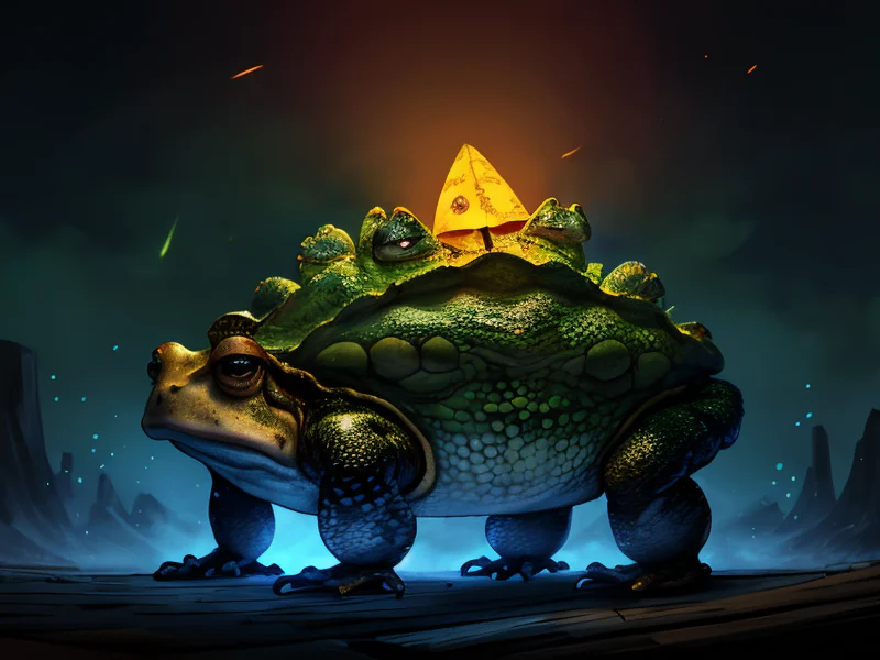 Duskwoven (Giant Toad:1.35), A spine lined with small glowing sails, three-quarter view