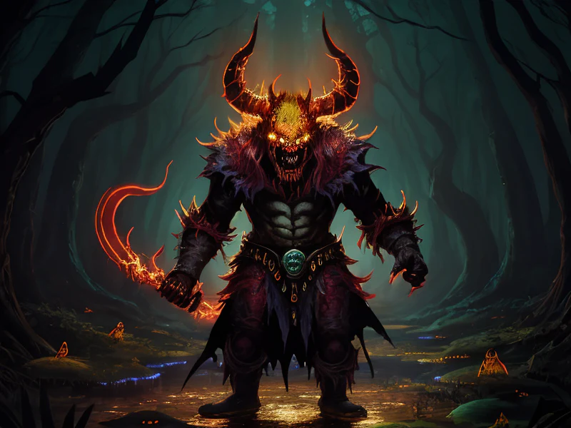Vicious (Demon:1.35), Doom Herald, In a swamp of glowing fungi, insects buzzing with light, three-quarter view, very powerful creature