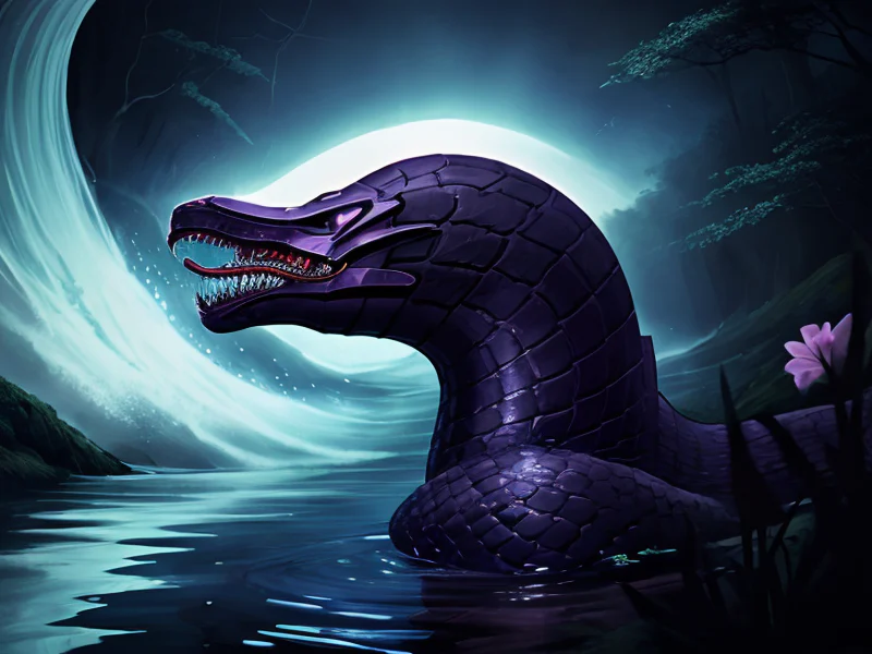 Grim (Viper:1.35), At the edge of an enchanted lake, gazing at their magical reflection, three-quarter view