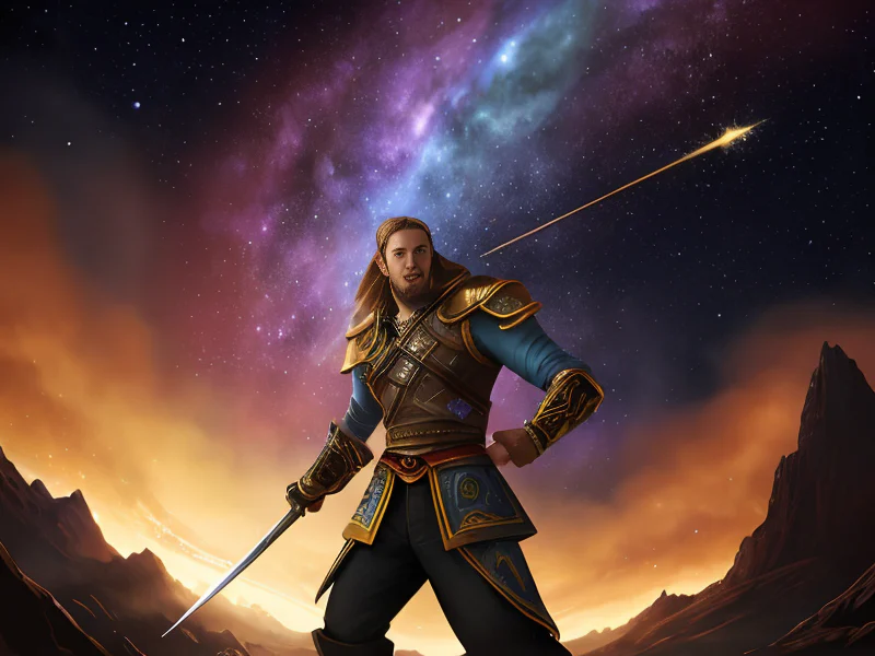 Hot-headed Human male, Mixed ethnicity, Battlemage, A spearhead containing a tiny spinning galaxy, dynamic angle