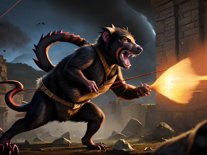 Vindictive (Tasmanian Devil:1.35), Pulling bowstring, arrow aimed, three-quarter view