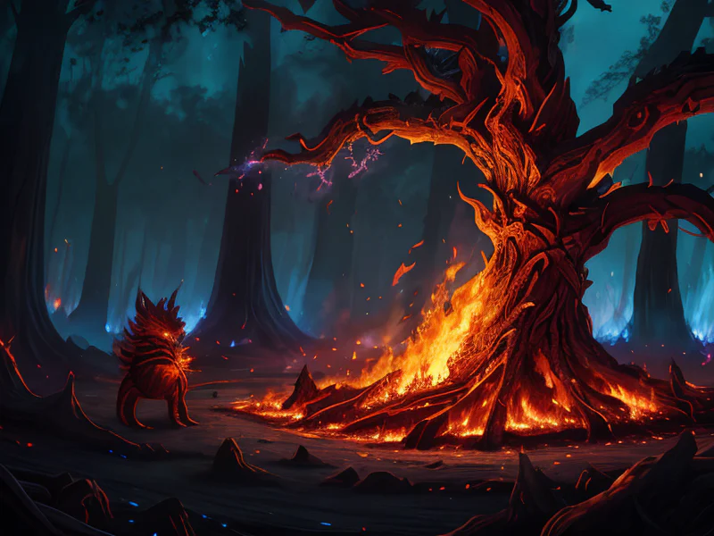 Resourceful (Fire Elemental:1.35), living blaze body, molten cracks, ember core, smoke wisps, Scaling colossal tree city with glowing flowers, three-quarter view