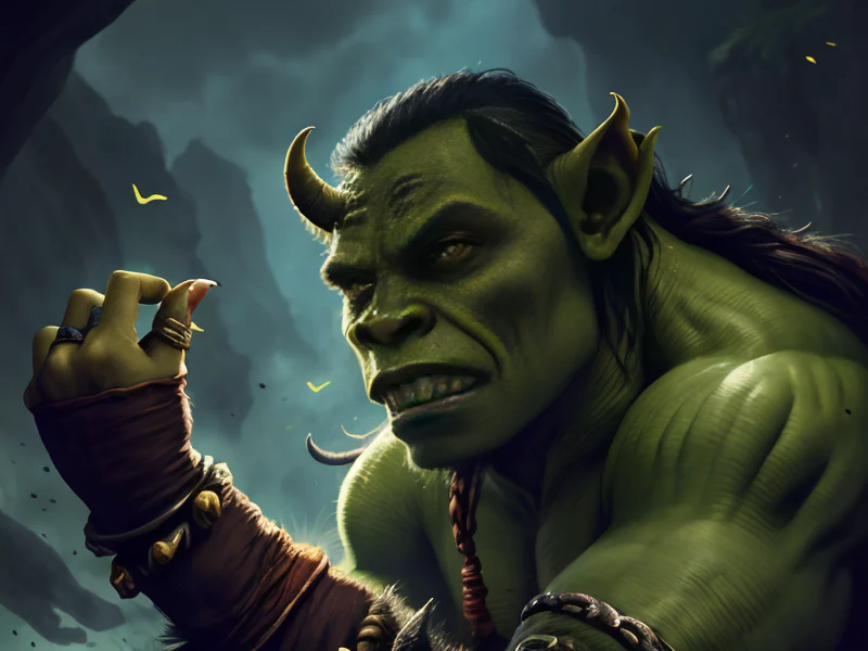 Mischievous (Orc:1.35), Barbarian, Magical bracelet floating around the wrist, dynamic angle