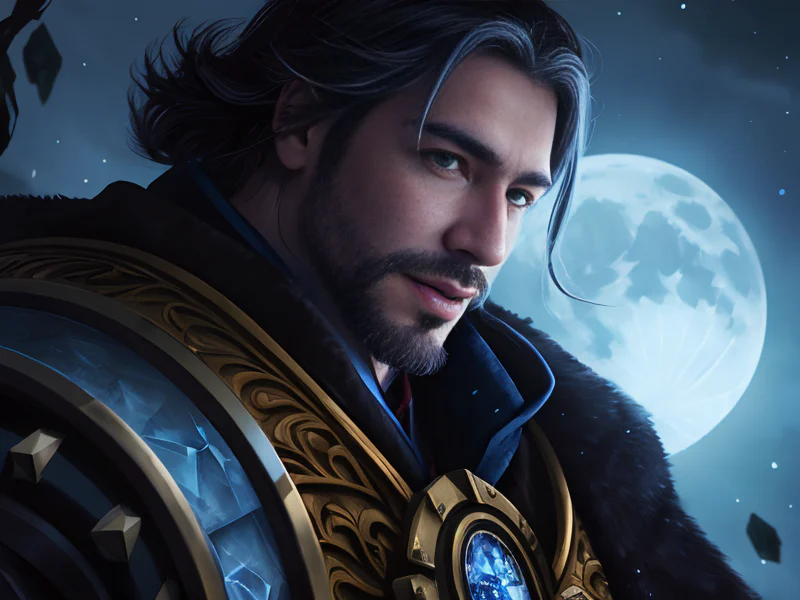 Mischievous Human male, Latino, Sorcerer, Sword made of crystallized moonlight, low angle shot