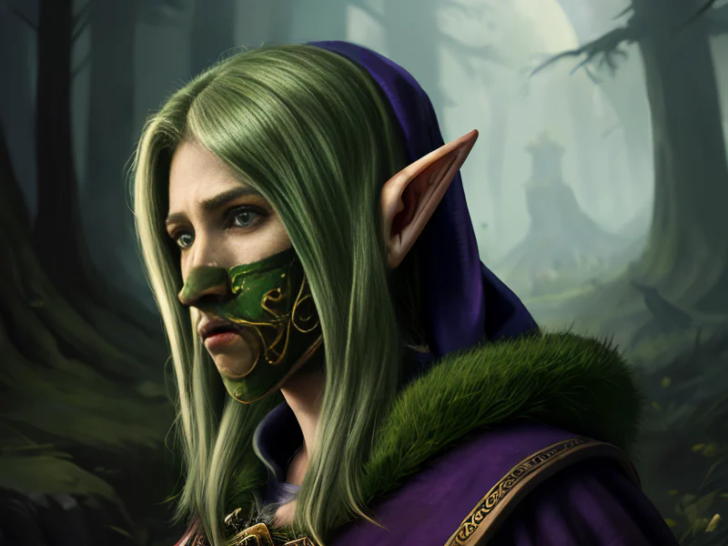 Unpredictable (Elf:1.35), Druid, A mask painted with a permanent sorrowful expression, dynamic angle