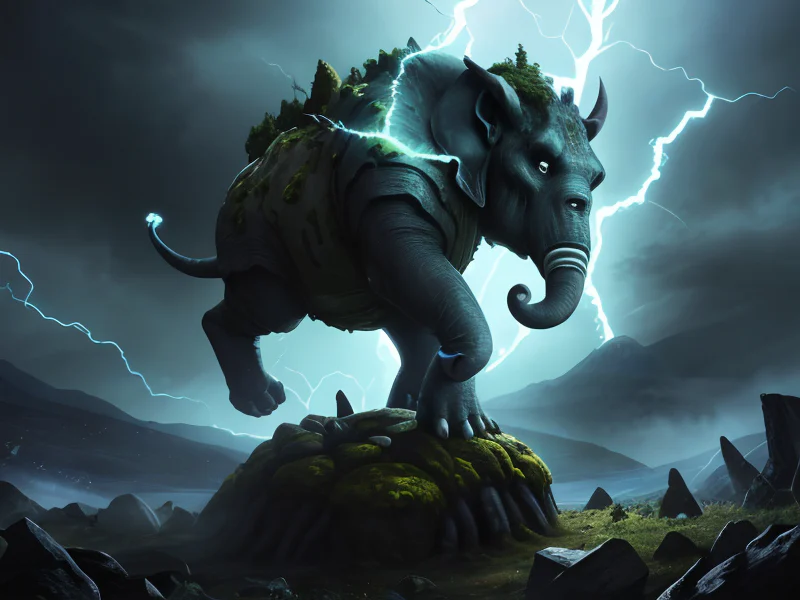 Battle-hardened (Earth Elemental:1.35), massive stone body, mossy rock plates, root bindings, On a storm-tossed ship, gripping the wheel tightly, three-quarter view