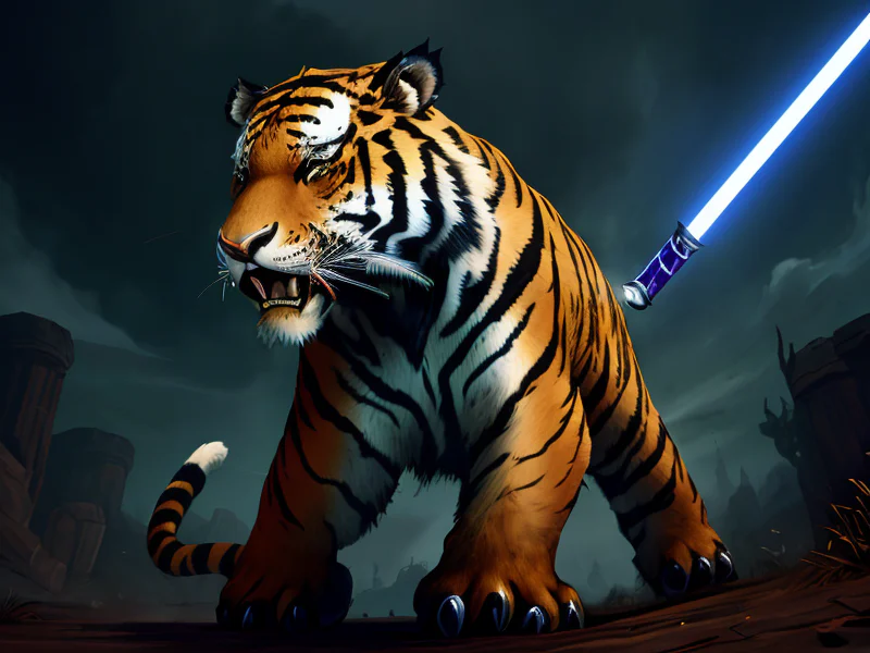 Shadowbound (Saber-toothed Tiger:1.35), A thread of silver light linking heart and weapon, three-quarter view