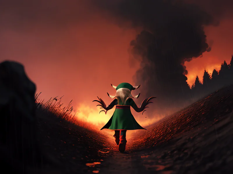 Sinister (Elf:1.35), Sorcerer, Walking through a rain of ash under a red sky, low angle shot