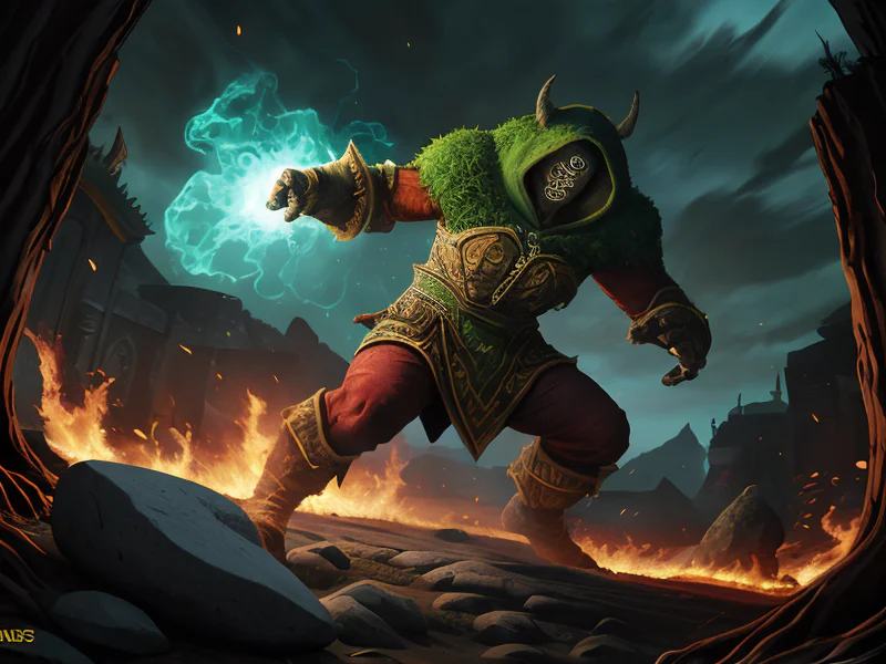 Flame-touched (Earth Elemental:1.35), massive stone body, mossy rock plates, root bindings, Hood that obscures the wearer’s face, full-body shot