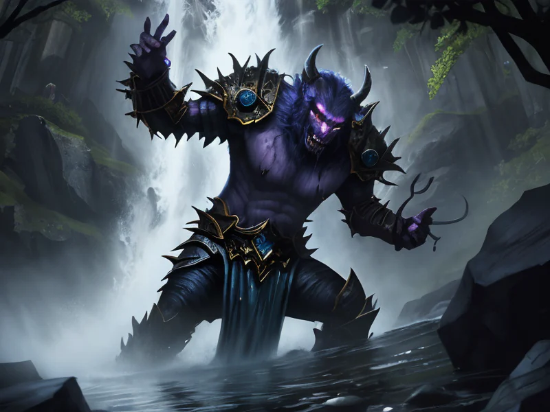 Frostborn (Demon:1.35), Warlock, Under a waterfall, water cascading over their armor, dynamic angle