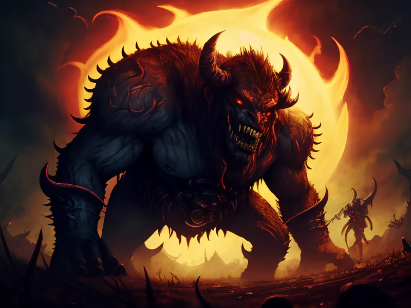 Determined (Demon:1.35), Occultist, Facing a colossal shadow beast in the distance, waist-up shot