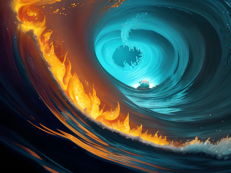 Flame-touched (Water Elemental:1.35), translucent water body, wave limbs, tide core, foam, Has a bionic eye that scans surroundings, low angle shot