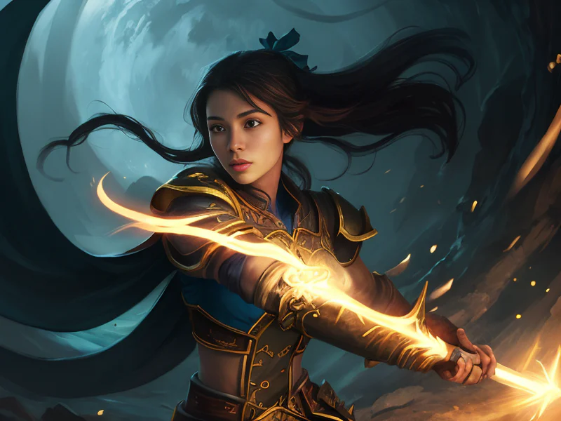 Starforged Human female, Pacific Islander, Wizard, A scimitar that bends like a ribbon when swung, dynamic angle, powerful creature