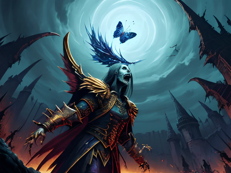 Unholy (Undead:1.35), Bone Warden, Floating marketplace among sky islands, low angle shot, powerful creature