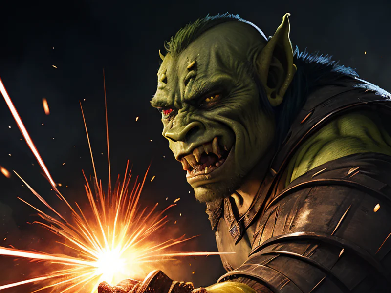 Fallen (Orc:1.35), Warrior, Armor adorned with gleaming rubies, low angle shot, powerful creature