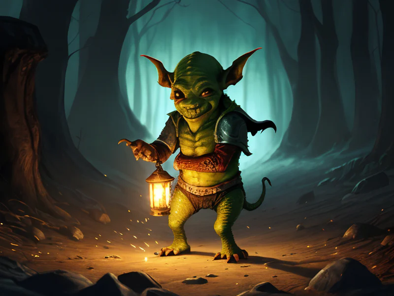 Mystical (Goblin:1.35), Gunslinger, Carries a lantern filled with swirling green flame, three-quarter view, powerful creature