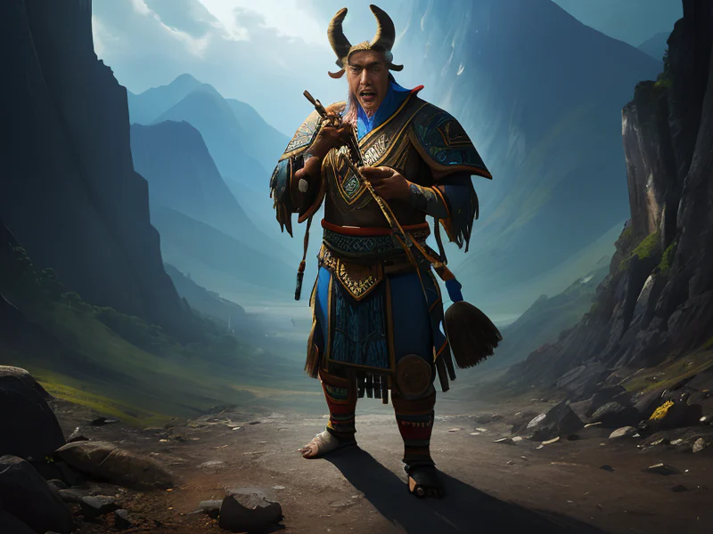 Pessimistic Human male, East Asian, Sorcerer, In a valley where echoes answer before they speak, full-body shot, powerful creature