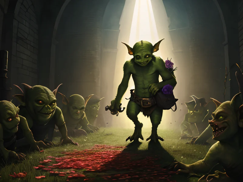 Savage (Goblin:1.35), Trickster, Vortex of petals around feet, three-quarter view, powerful creature
