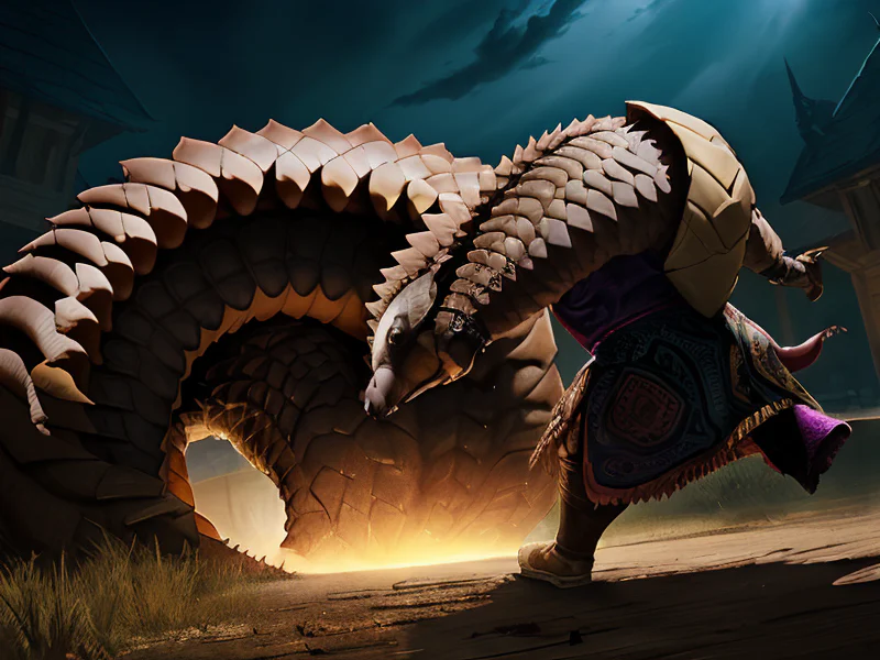 Fallen (Pangolin:1.35), Facing a colossal shadow beast in the distance, dynamic angle