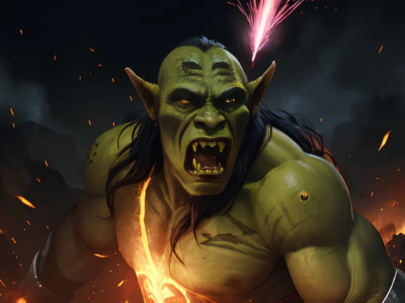Sunblessed (Orc:1.35), Beastmaster, Tattoo of a wolf on their back that howls during battle, full-body shot